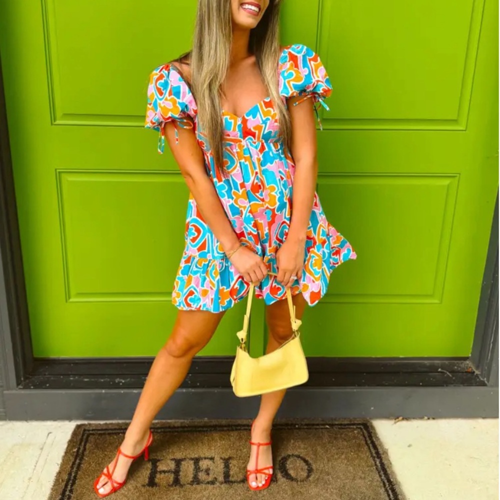 Amanda Uprichard • Sicily Puff Sleeve Mini Dress Colorful Miami Pattern Size Med
